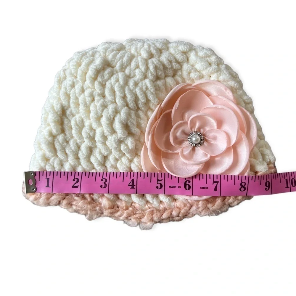 Infant Baby Hand Knit Crochet Soft Flower Pink & White Hat, 3-6Mo